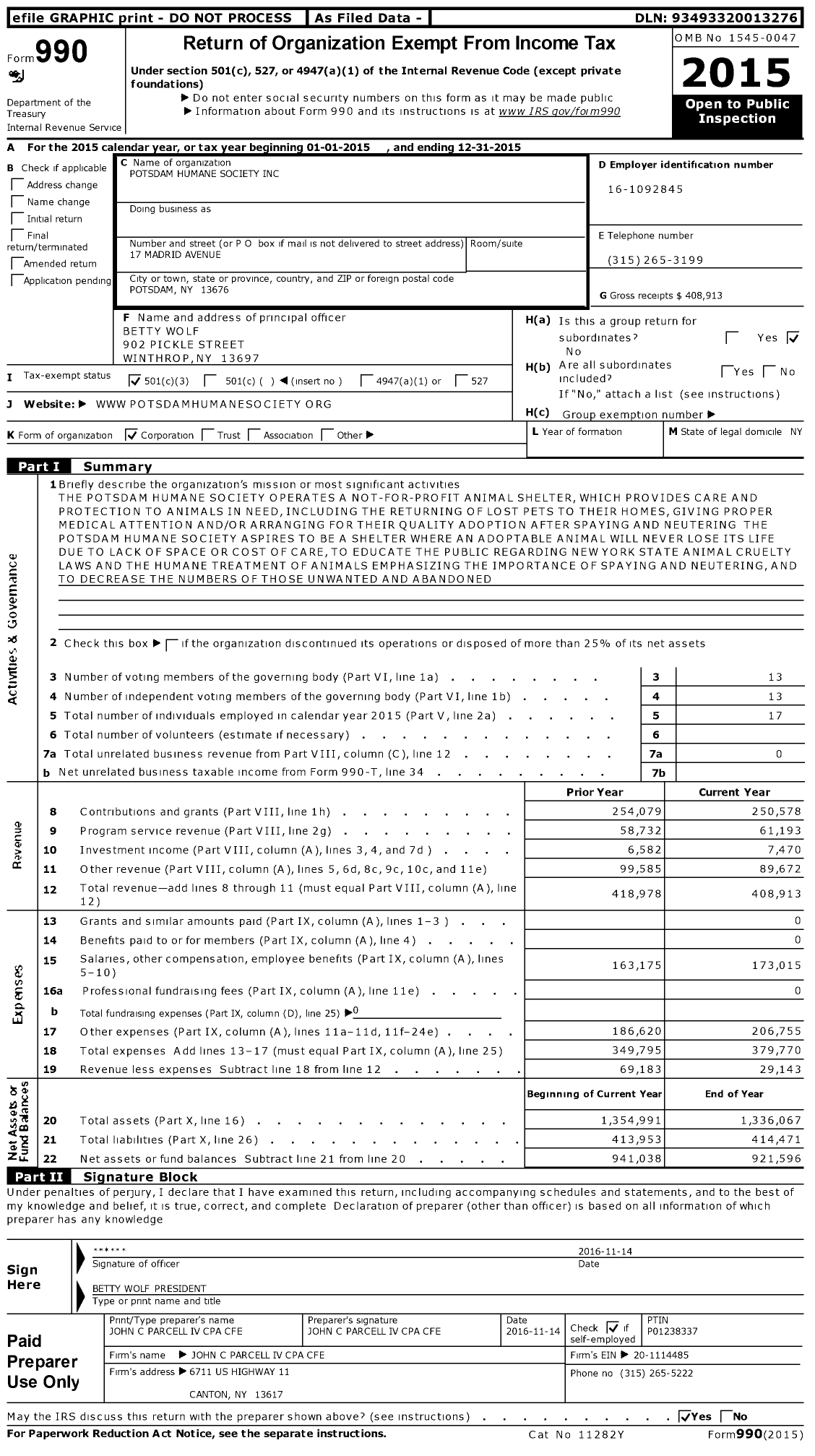 Image of first page of 2015 Form 990 for Potsdam Humane Society