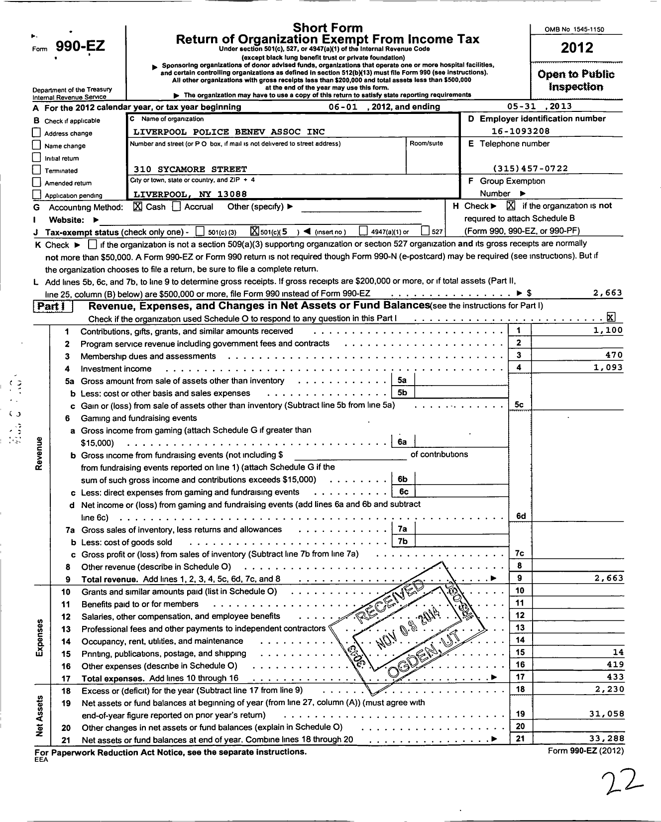 Image of first page of 2012 Form 990EO for Liverpool Police Benev Association