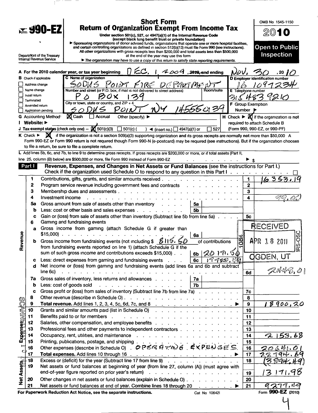 Image of first page of 2009 Form 990EZ for Sodus Point Fire Department