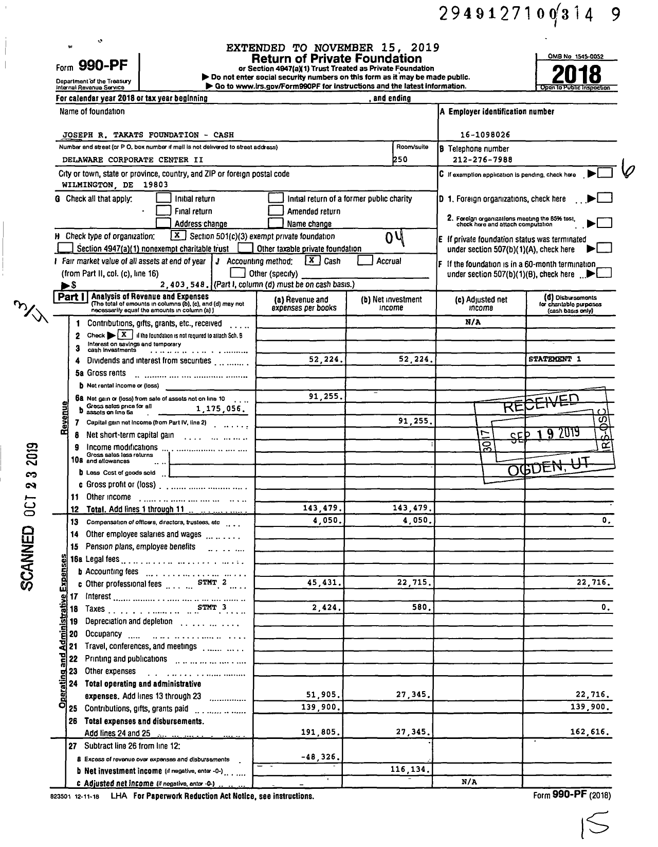 Image of first page of 2018 Form 990PF for Joseph R Takats Foundation - Cash