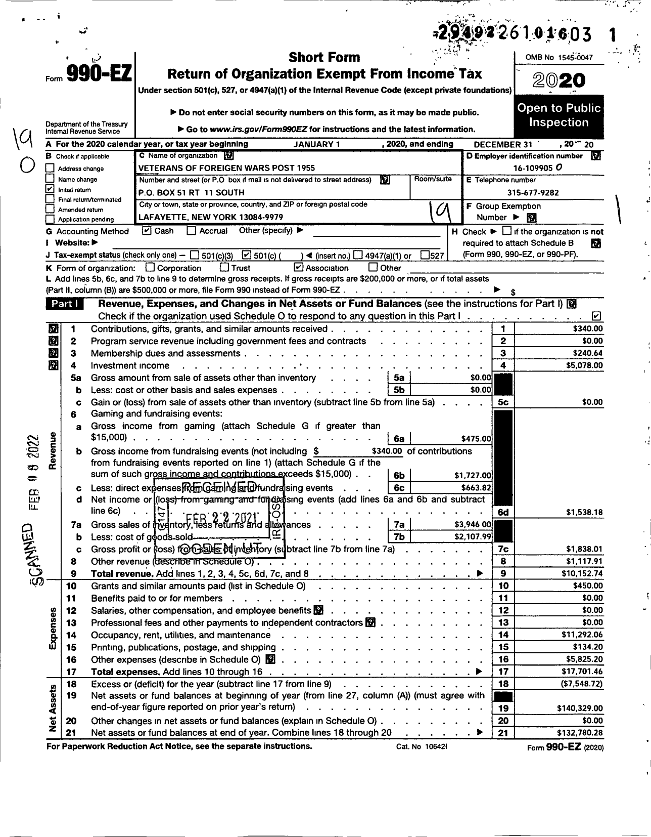 Image of first page of 2020 Form 990EO for Department OF Ny VFW - 1955 Vfw-Ny