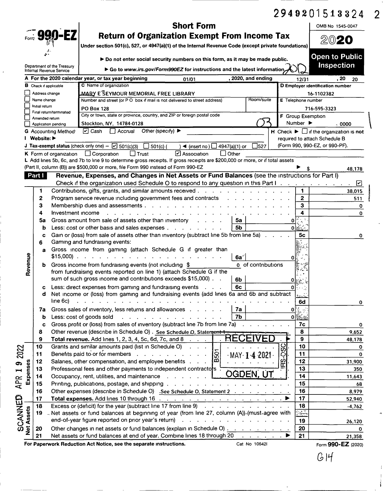 Image of first page of 2020 Form 990EZ for Mary E Seymour Memorial Free Library