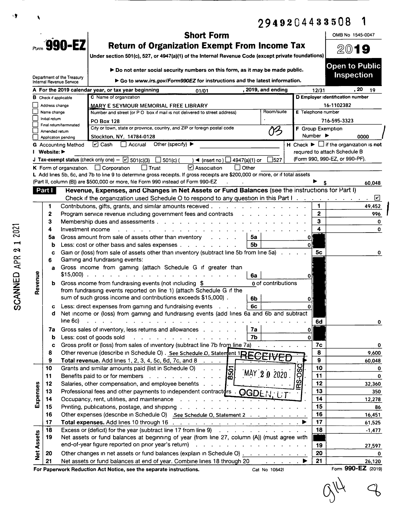 Image of first page of 2019 Form 990EZ for Mary E Seymour Memorial Free Library