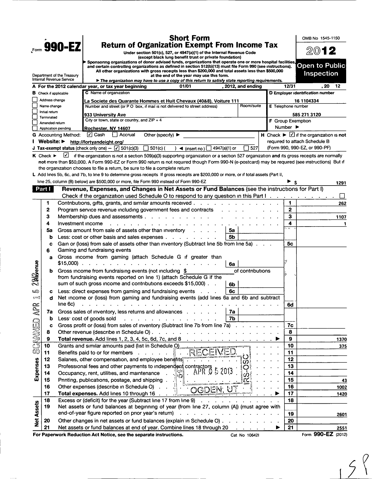 Image of first page of 2012 Form 990EZ for The Forty and Eight - 111 Voiture Locale