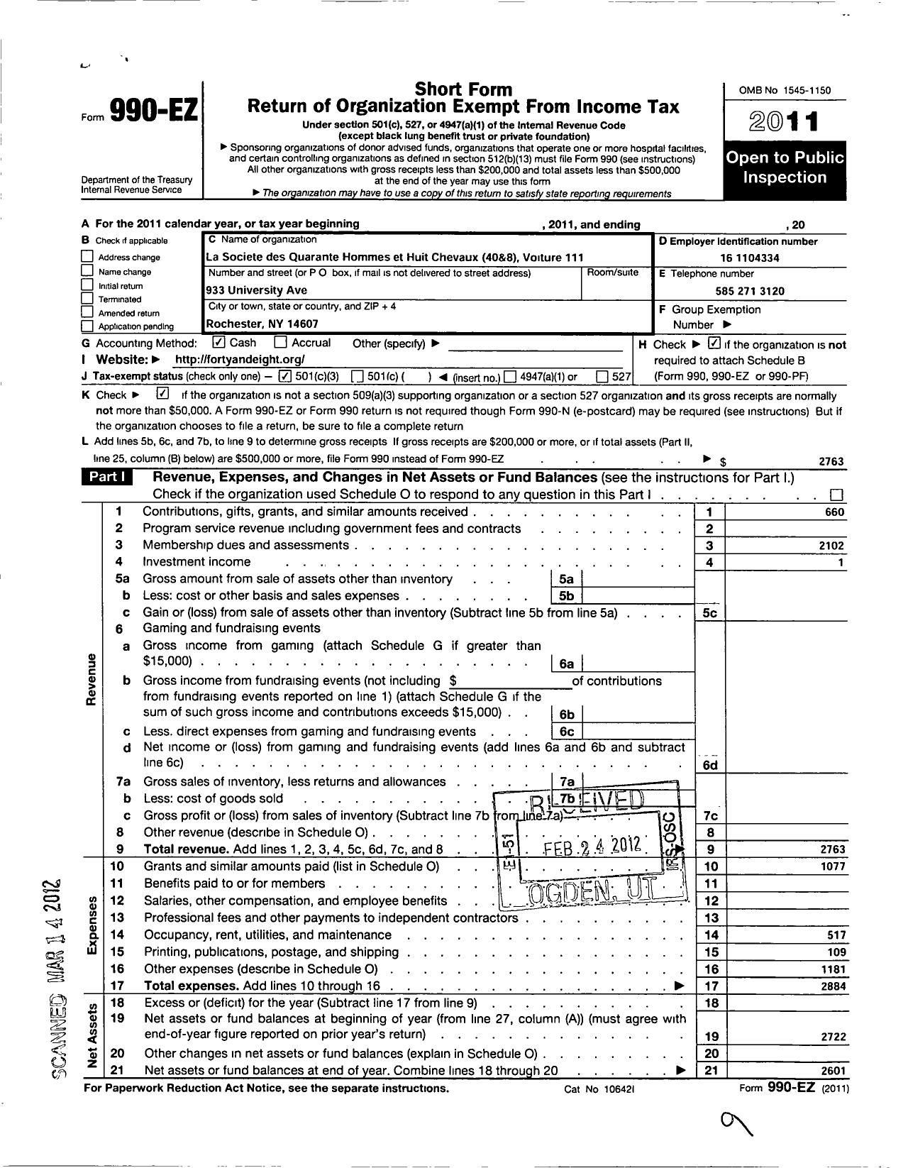 Image of first page of 2011 Form 990EZ for The Forty and Eight - 111 Voiture Locale