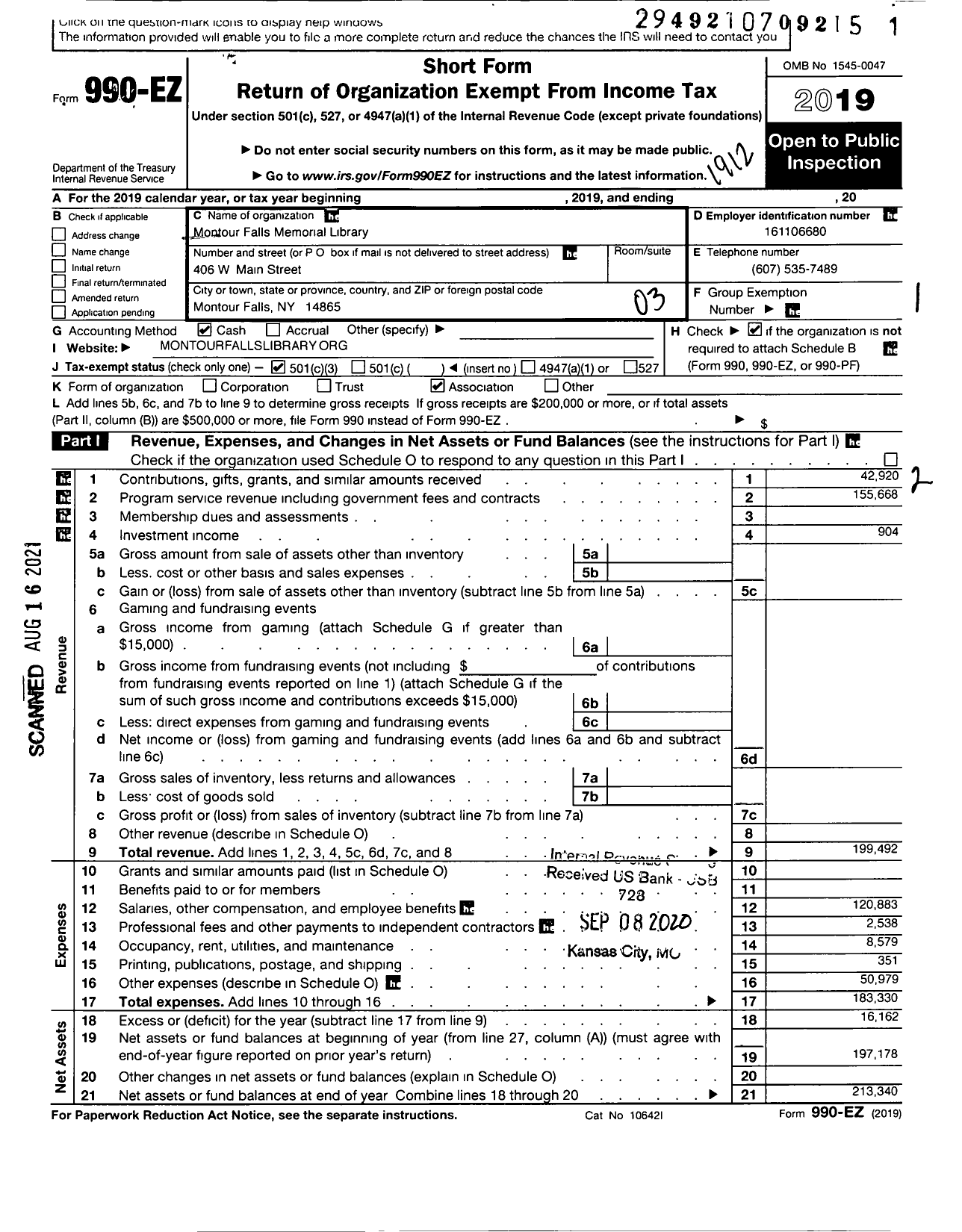 Image of first page of 2019 Form 990EZ for Montour Falls Memorial Library