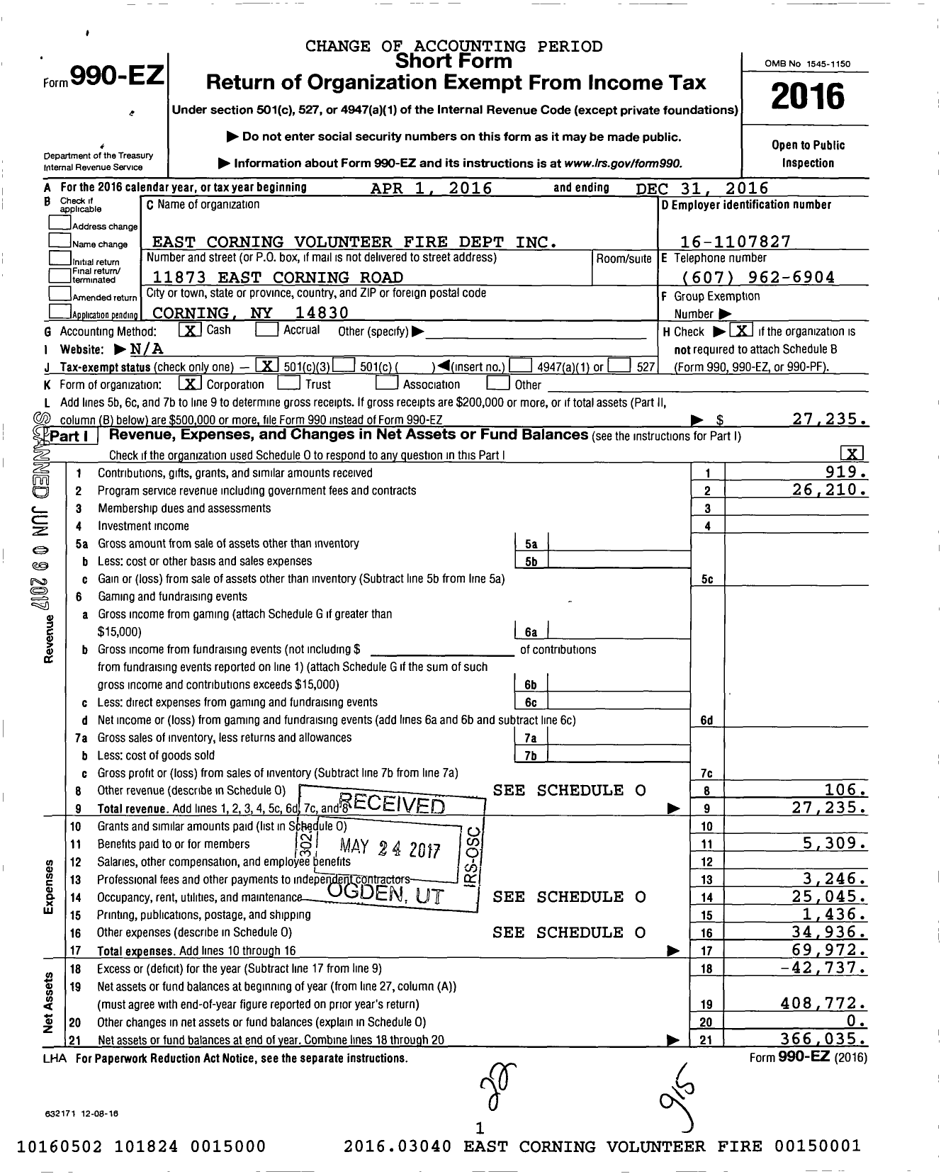 Image of first page of 2016 Form 990EZ for East Corning Volunteer Fire Department