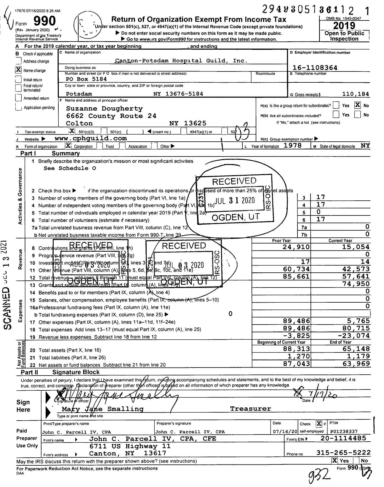 Image of first page of 2019 Form 990 for Canton-Potsdam Hospital Guild