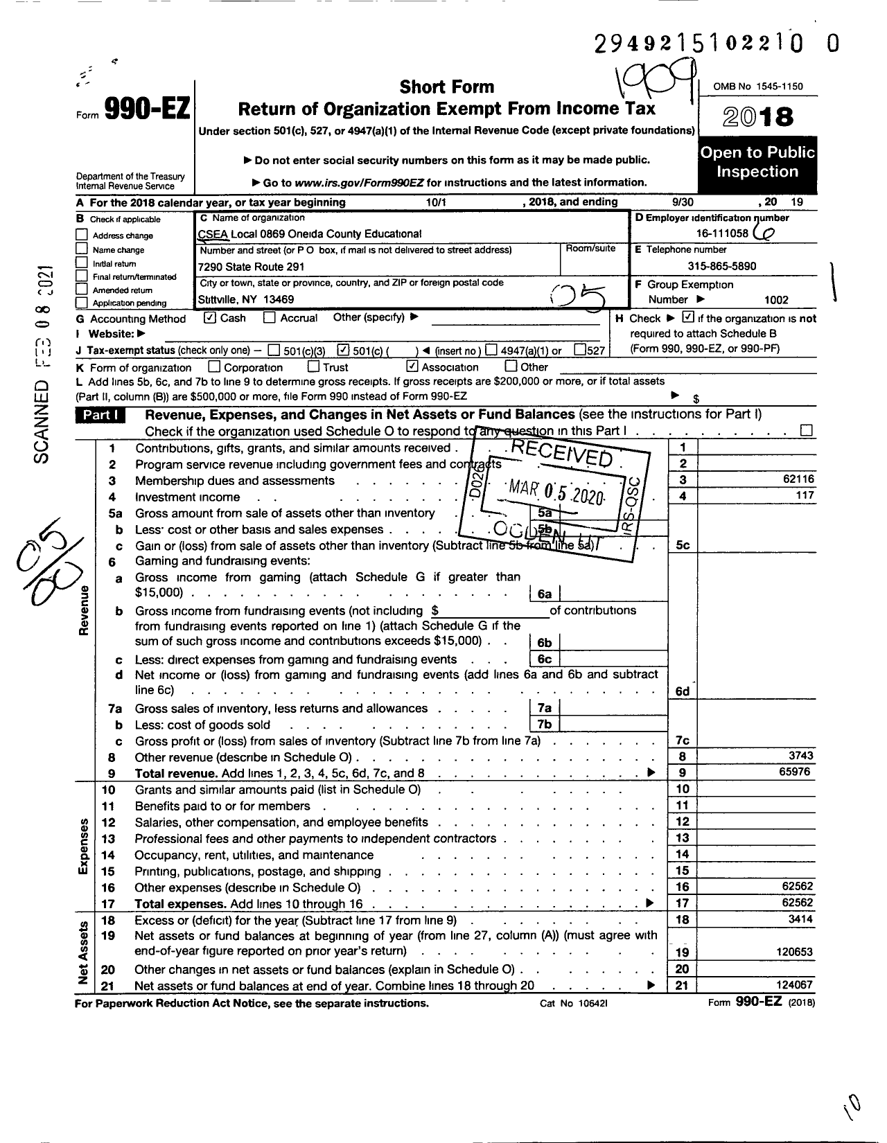 Image of first page of 2018 Form 990EO for Civil Service Employees Association - 0869 Oneida Co Educational Emplys