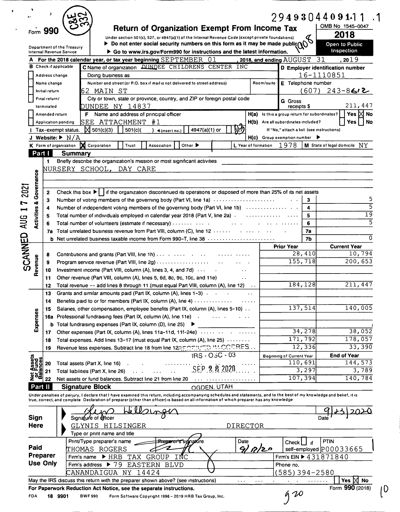 Image of first page of 2018 Form 990 for Dundee Childrens Center