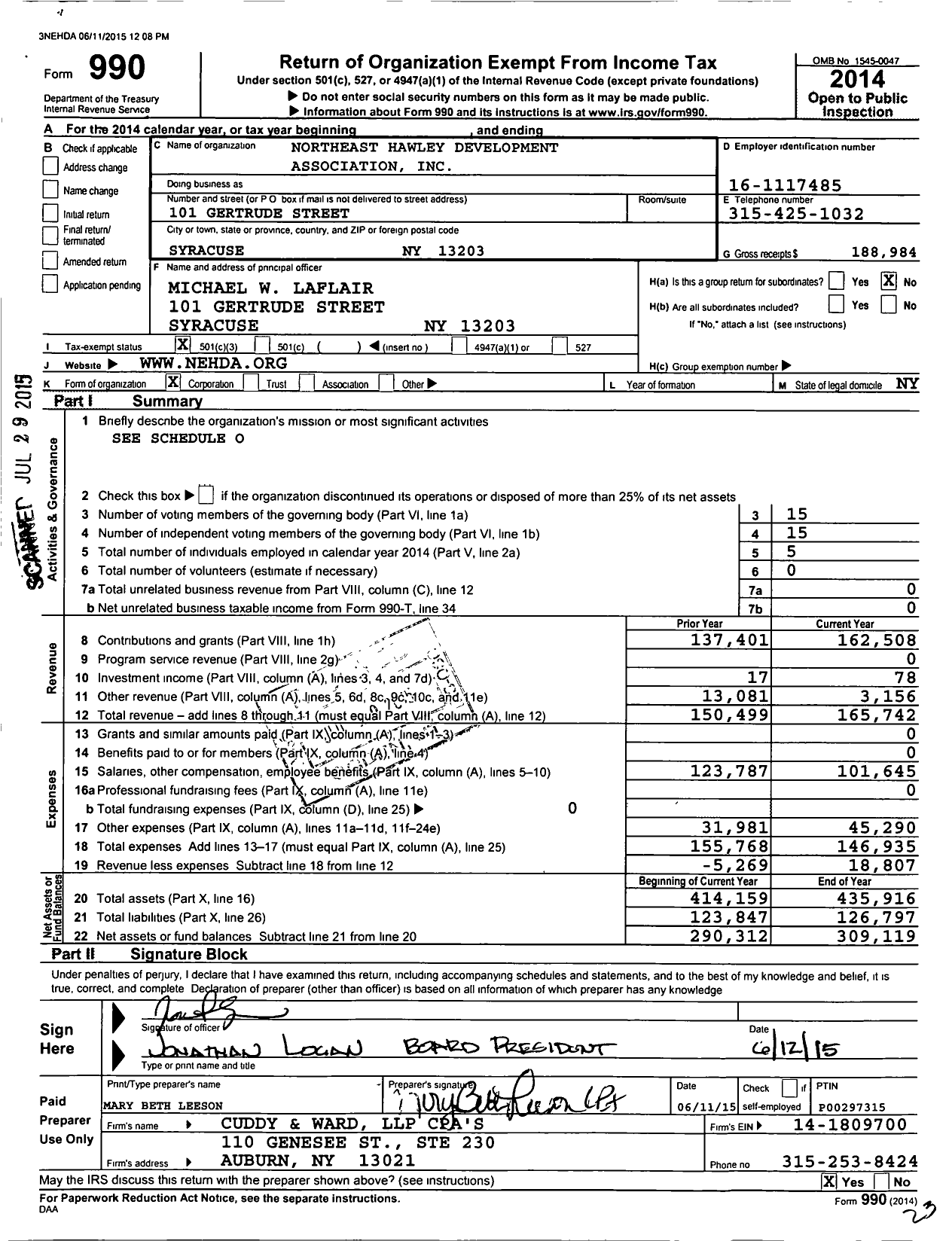 Image of first page of 2014 Form 990 for Northeast Hawley Development Association (NEHDA)