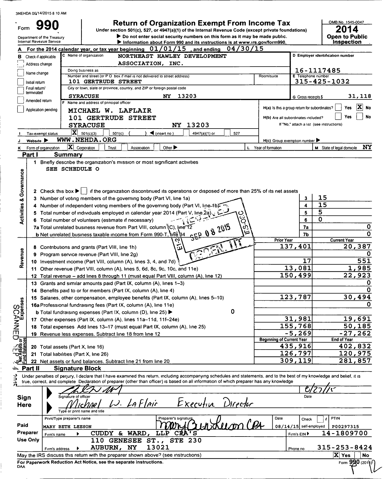 Image of first page of 2014 Form 990 for Northeast Hawley Development Association (NEHDA)