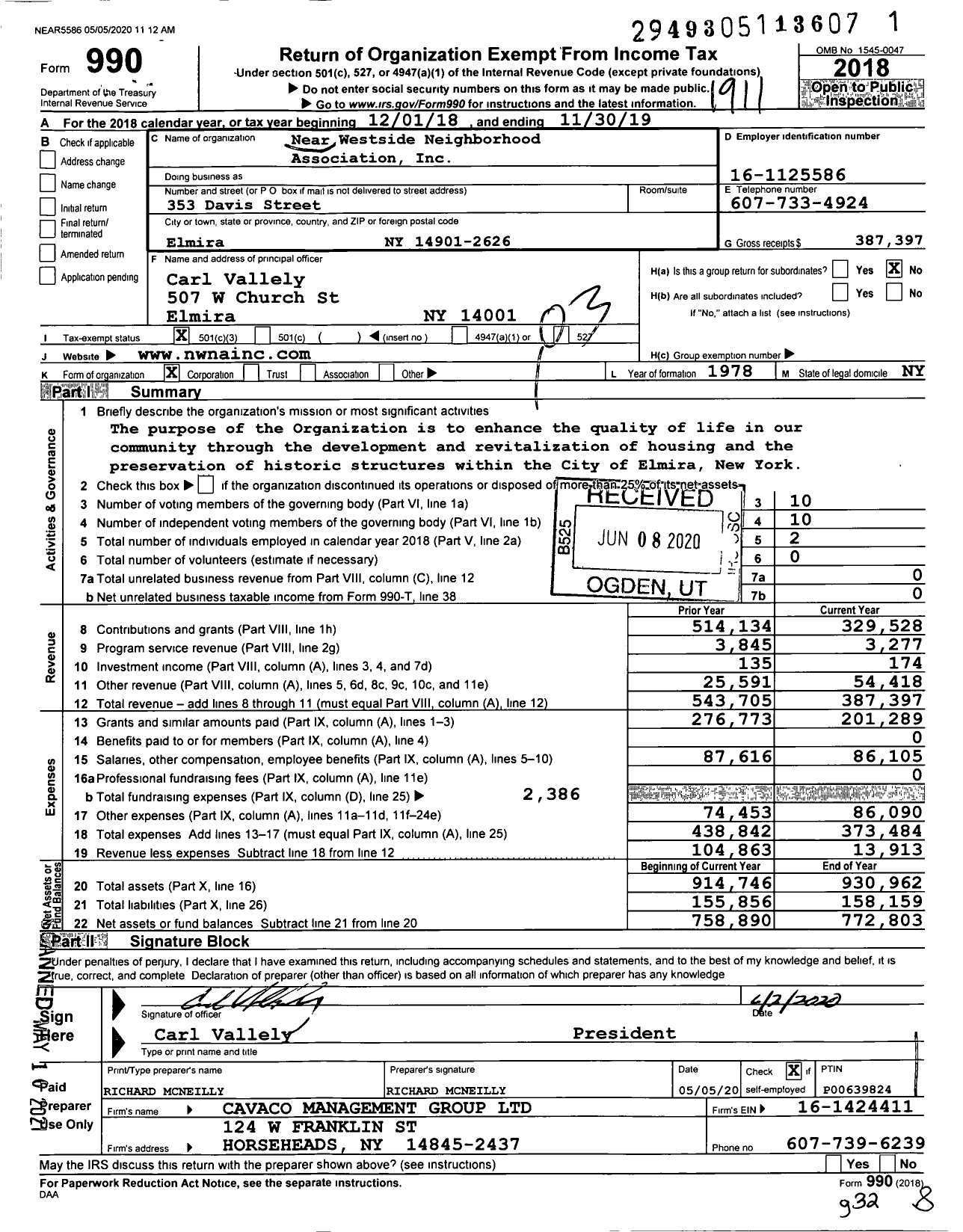 Image of first page of 2018 Form 990 for Near Westside Neighborhood Association