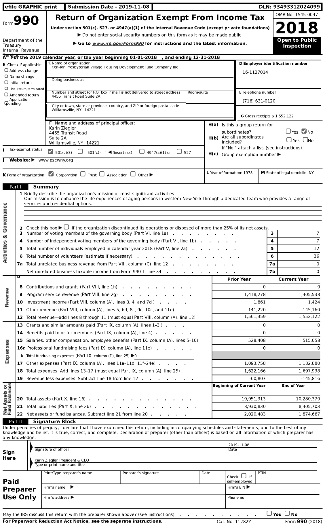 Image of first page of 2018 Form 990 for Ken-Ton Presbyterian Village Housing Development Fund
