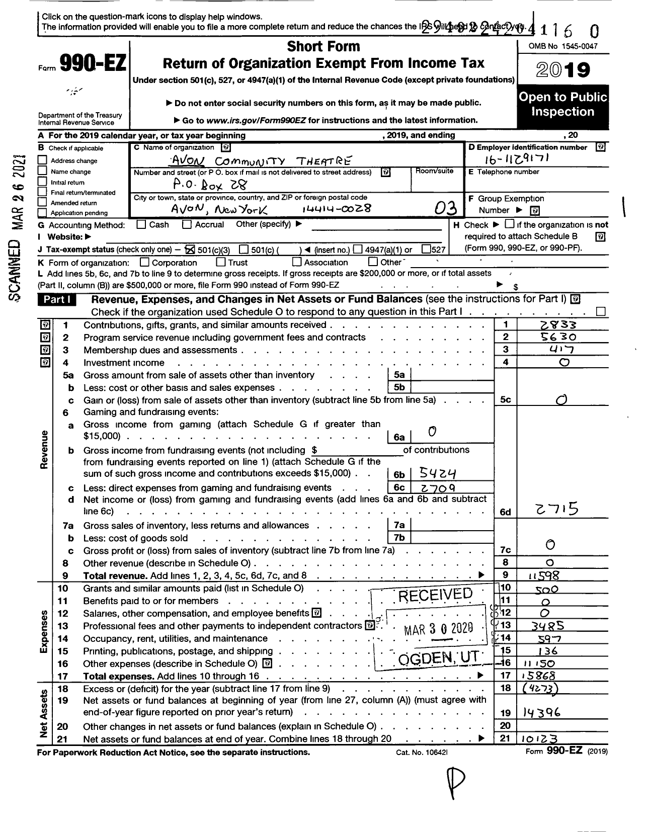 Image of first page of 2019 Form 990EZ for Avon Community Theatre