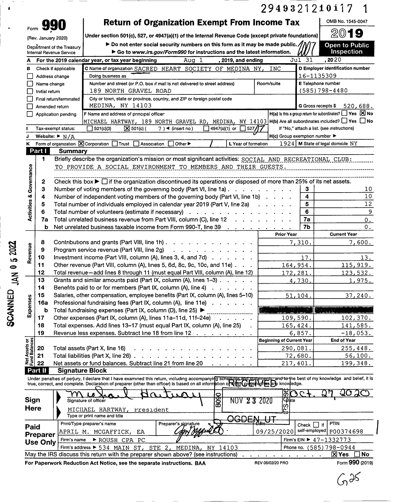 Image of first page of 2019 Form 990O for Sacred Heart Society of Medina Ny