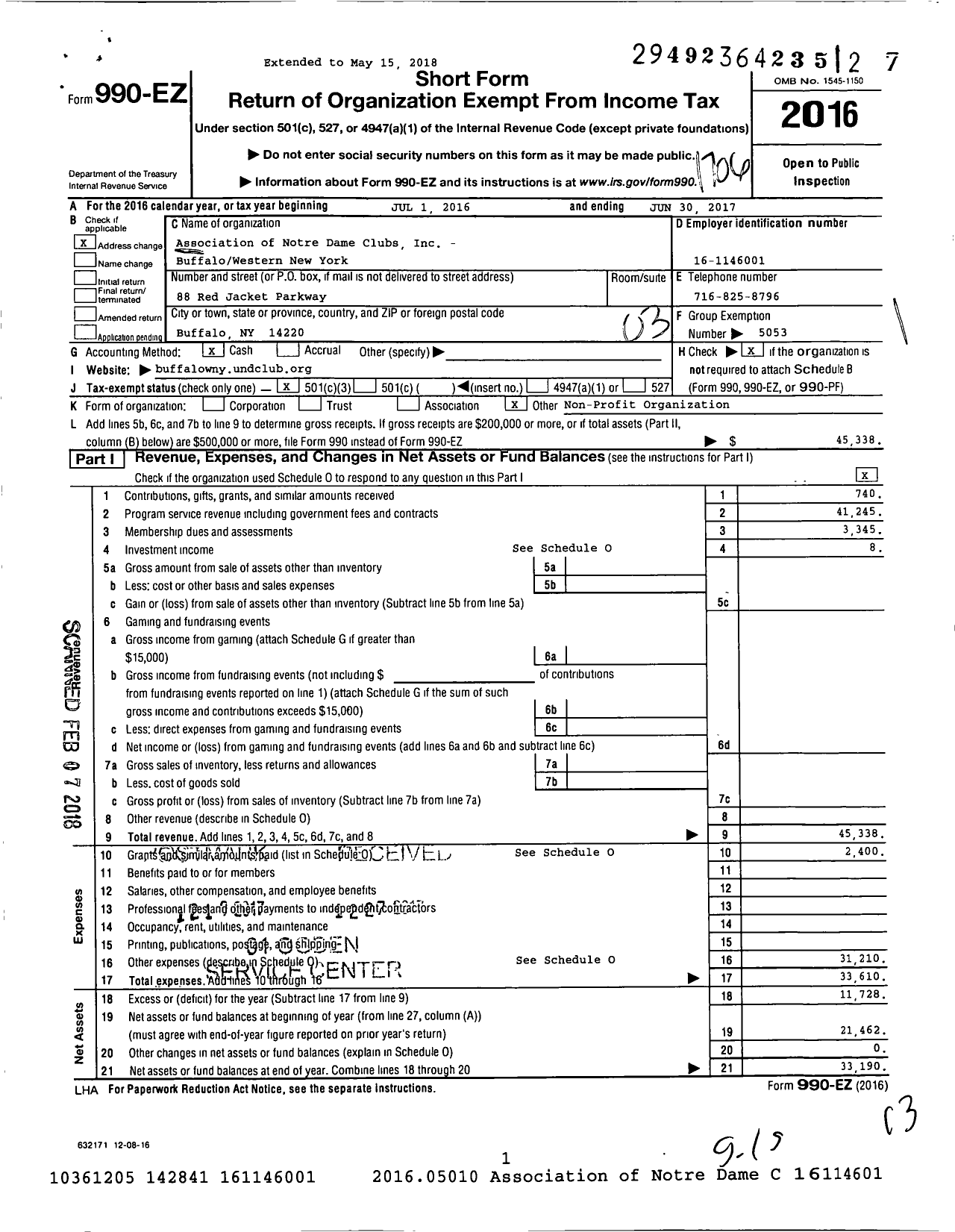 Image of first page of 2016 Form 990EZ for Association of Notre Dame Clubs - Buffalo / Western New York