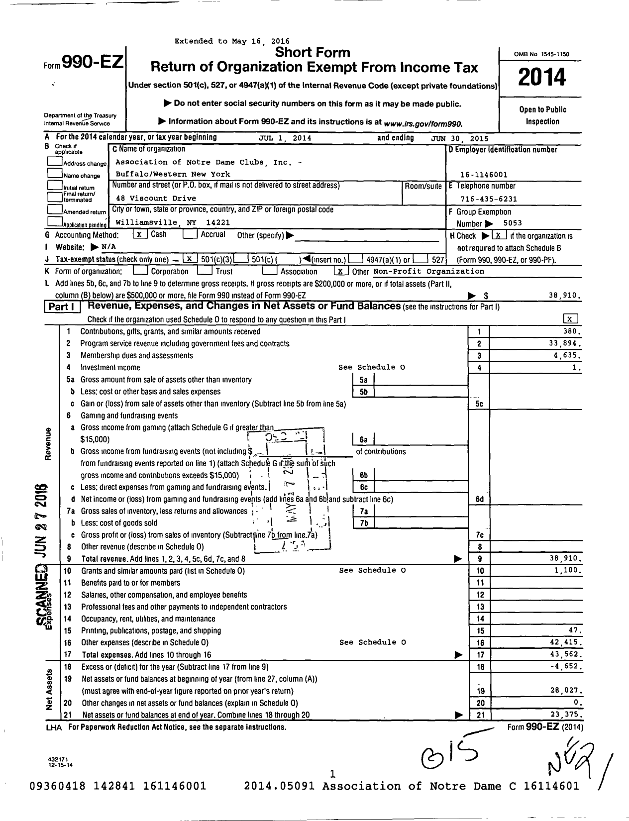 Image of first page of 2014 Form 990EZ for Association of Notre Dame Clubs - Buffalo / Western New York