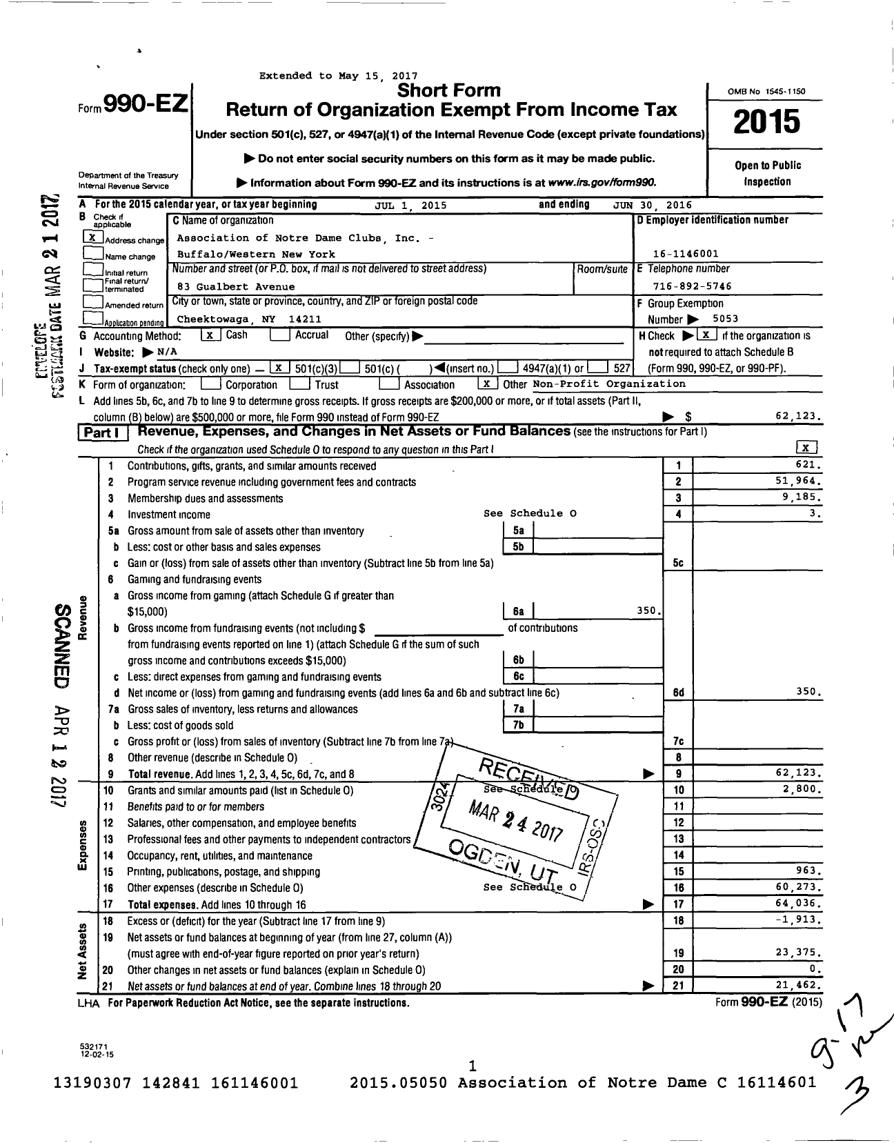 Image of first page of 2015 Form 990EZ for Association of Notre Dame Clubs - Buffalo / Western New York