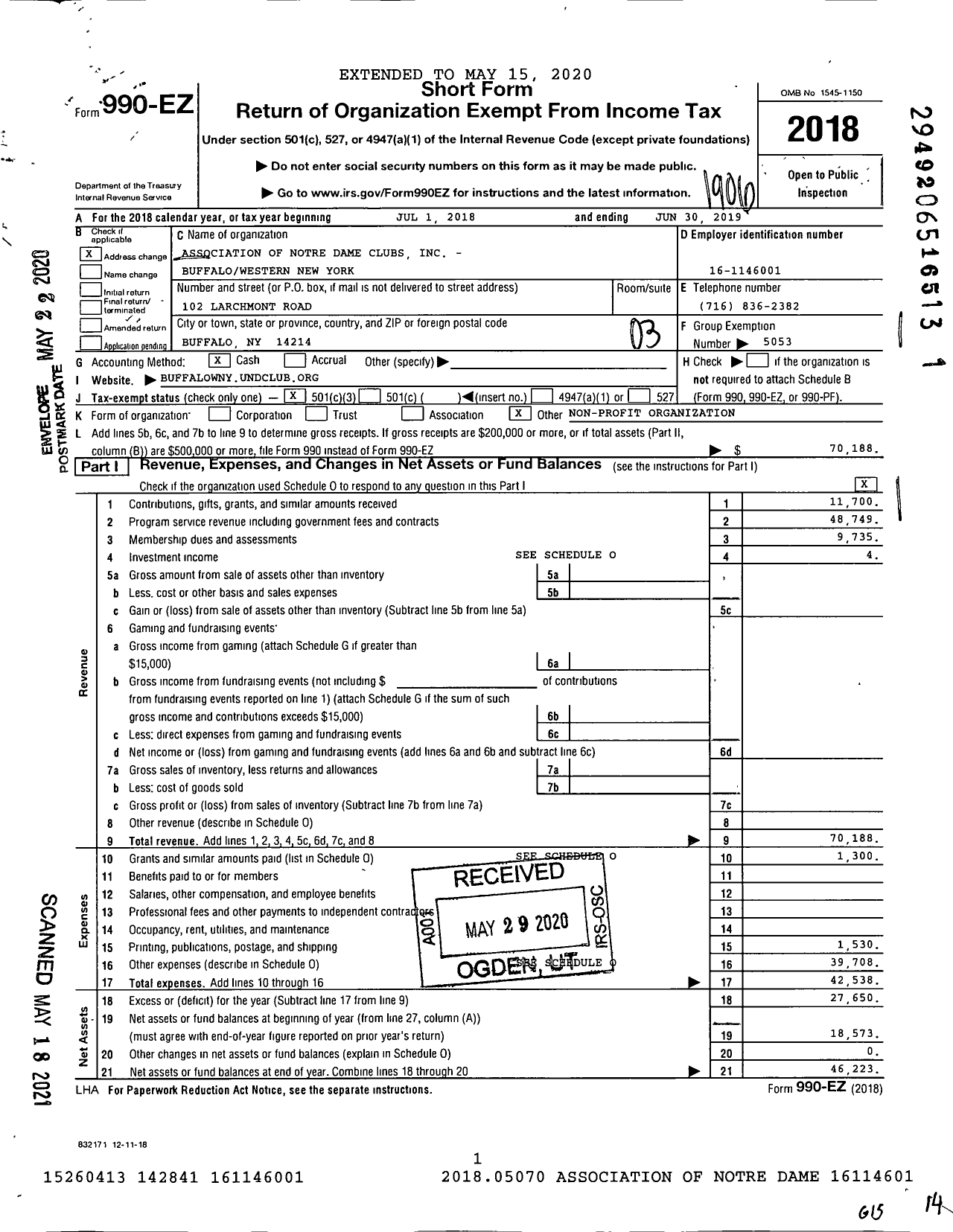 Image of first page of 2018 Form 990EZ for Association of Notre Dame Clubs - Buffalo / Western New York