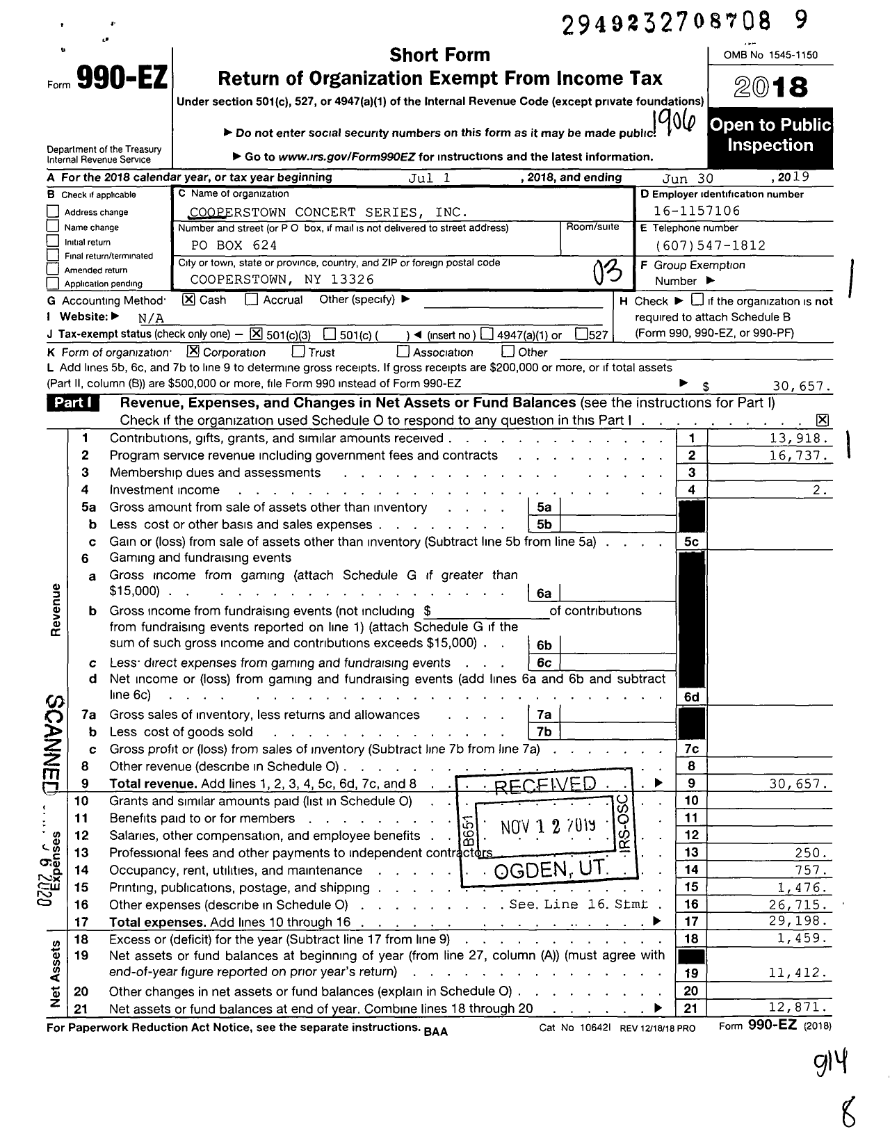 Image of first page of 2018 Form 990EZ for Cooperstown Concert Series