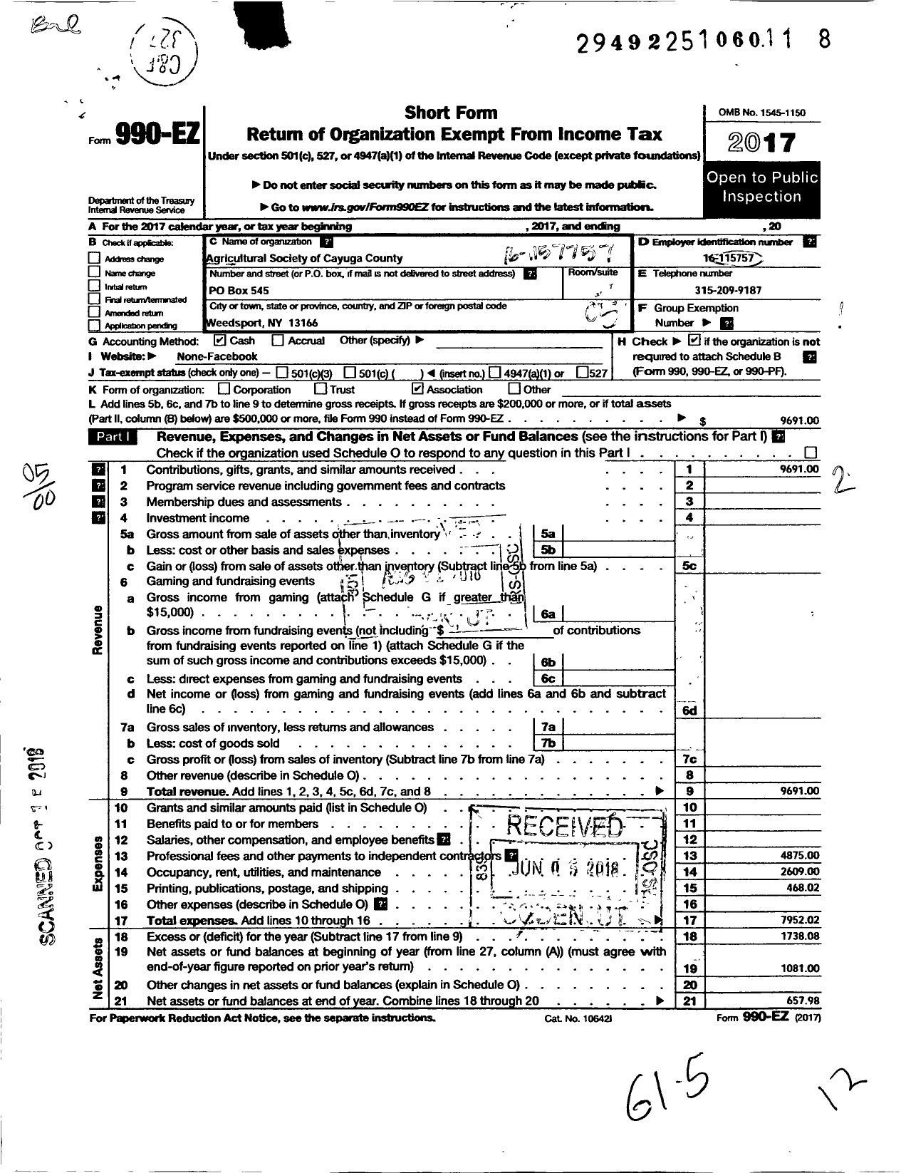 Image of first page of 2017 Form 990EO for Agricultural Society of the County of Cayuga