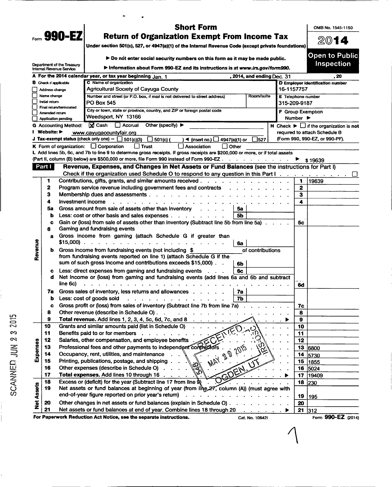 Image of first page of 2014 Form 990EO for Agricultural Society of the County of Cayuga