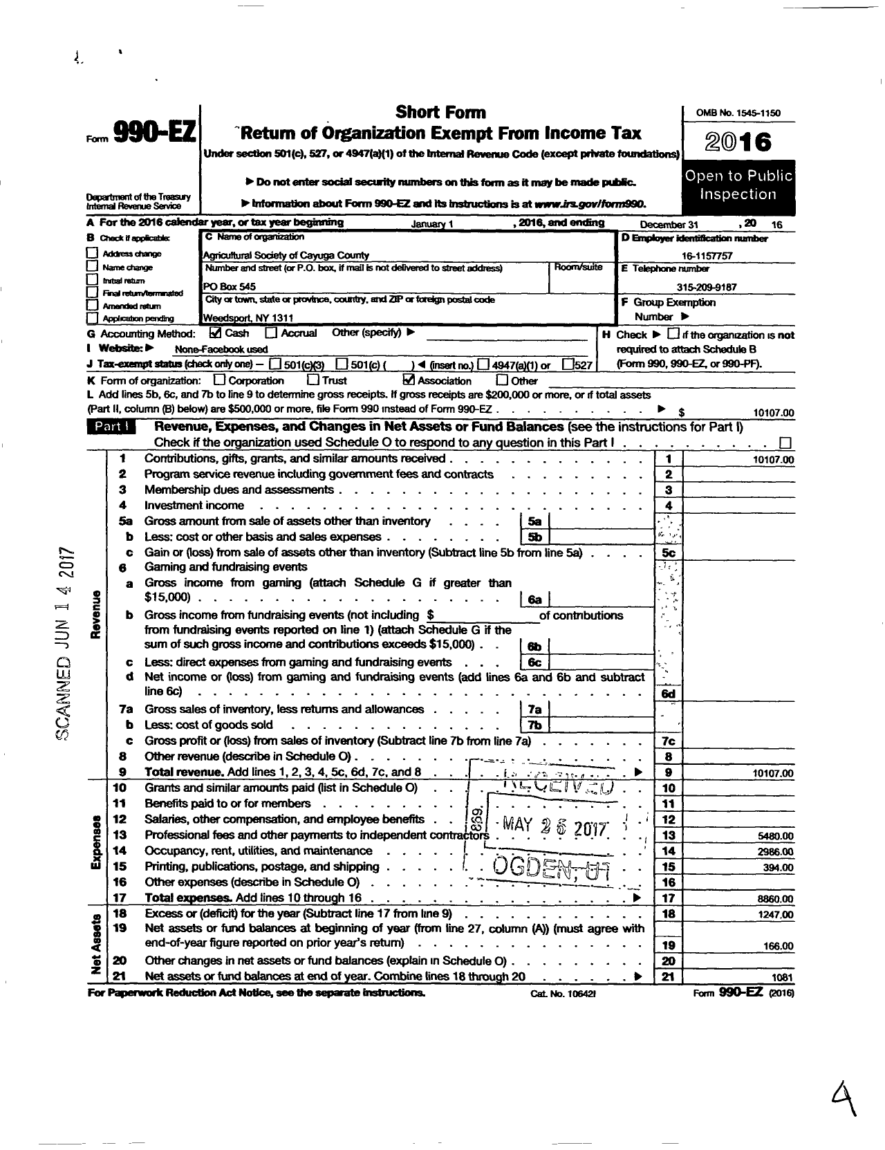 Image of first page of 2016 Form 990EO for Agricultural Society of the County of Cayuga