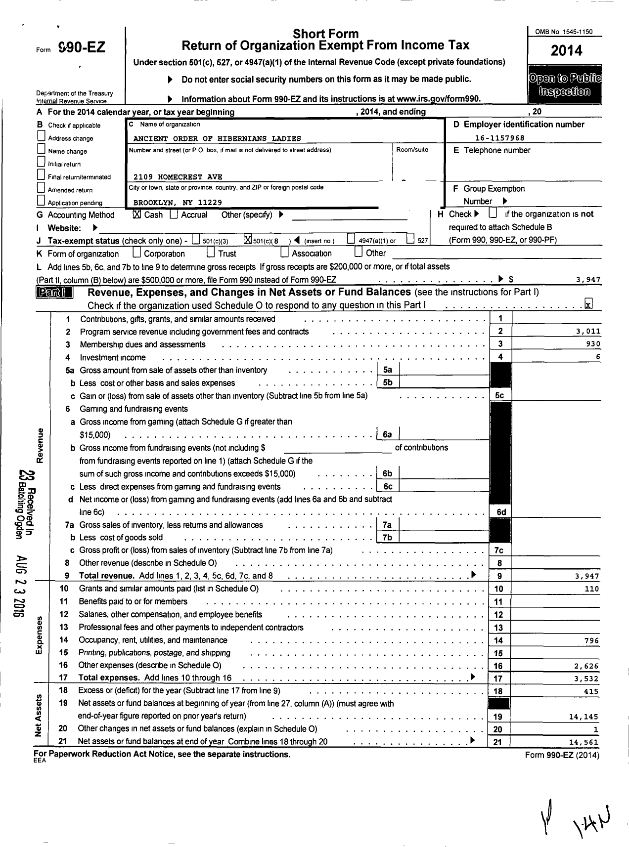 Image of first page of 2014 Form 990EO for Ancient Order of Hibernians Ladies / 3 Div Oswego Ny