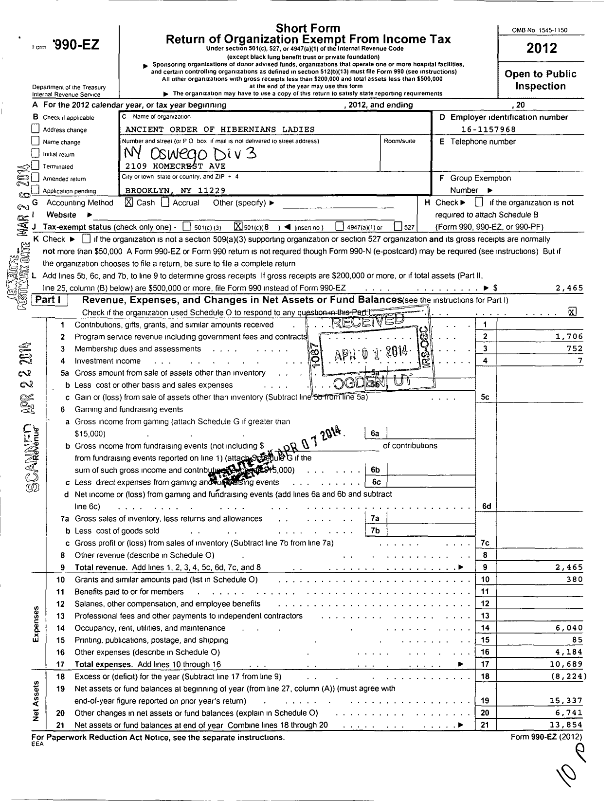 Image of first page of 2012 Form 990EO for Ancient Order of Hibernians Ladies / 3 Div Oswego Ny