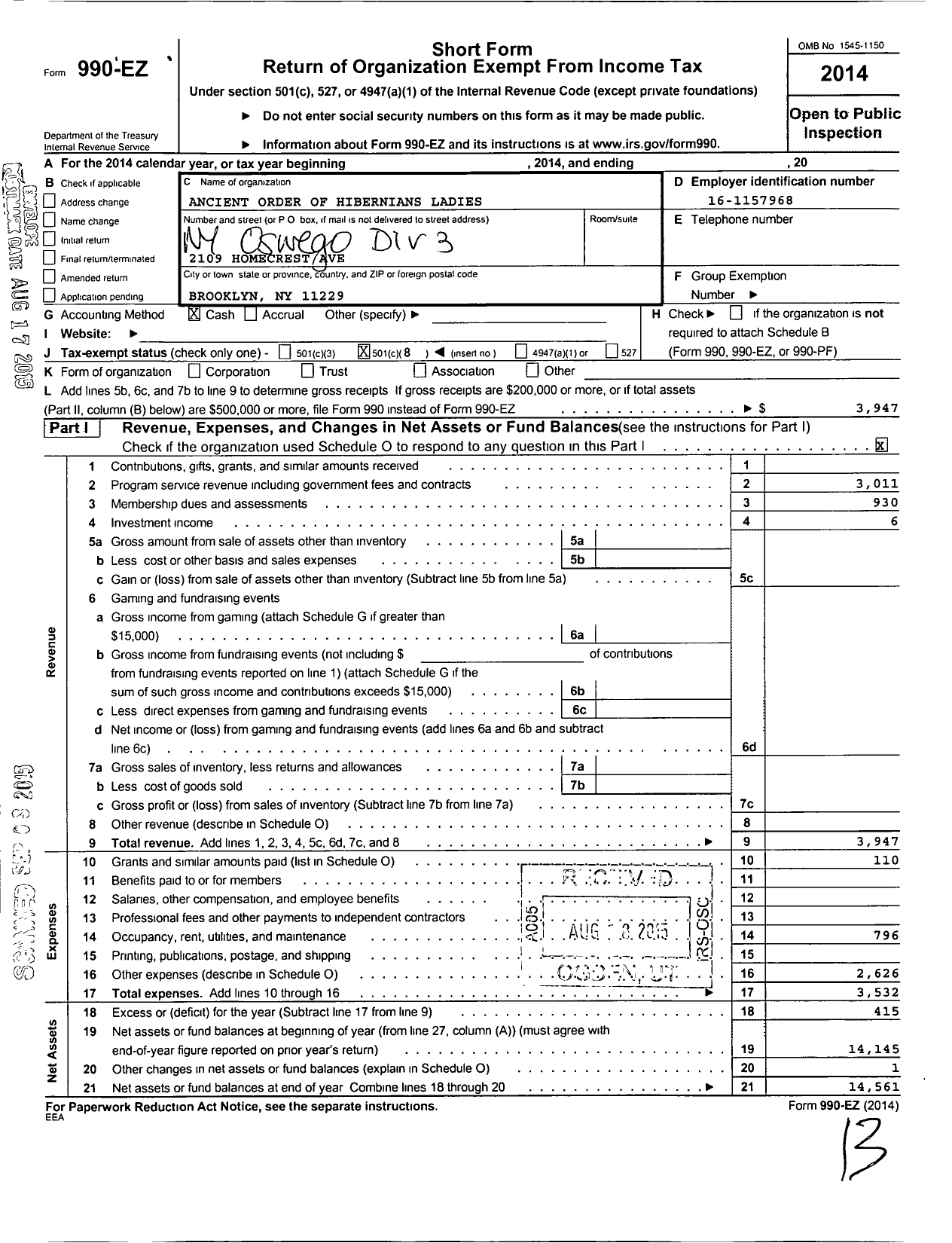 Image of first page of 2014 Form 990EO for Ancient Order of Hibernians Ladies / 3 Div Oswego Ny