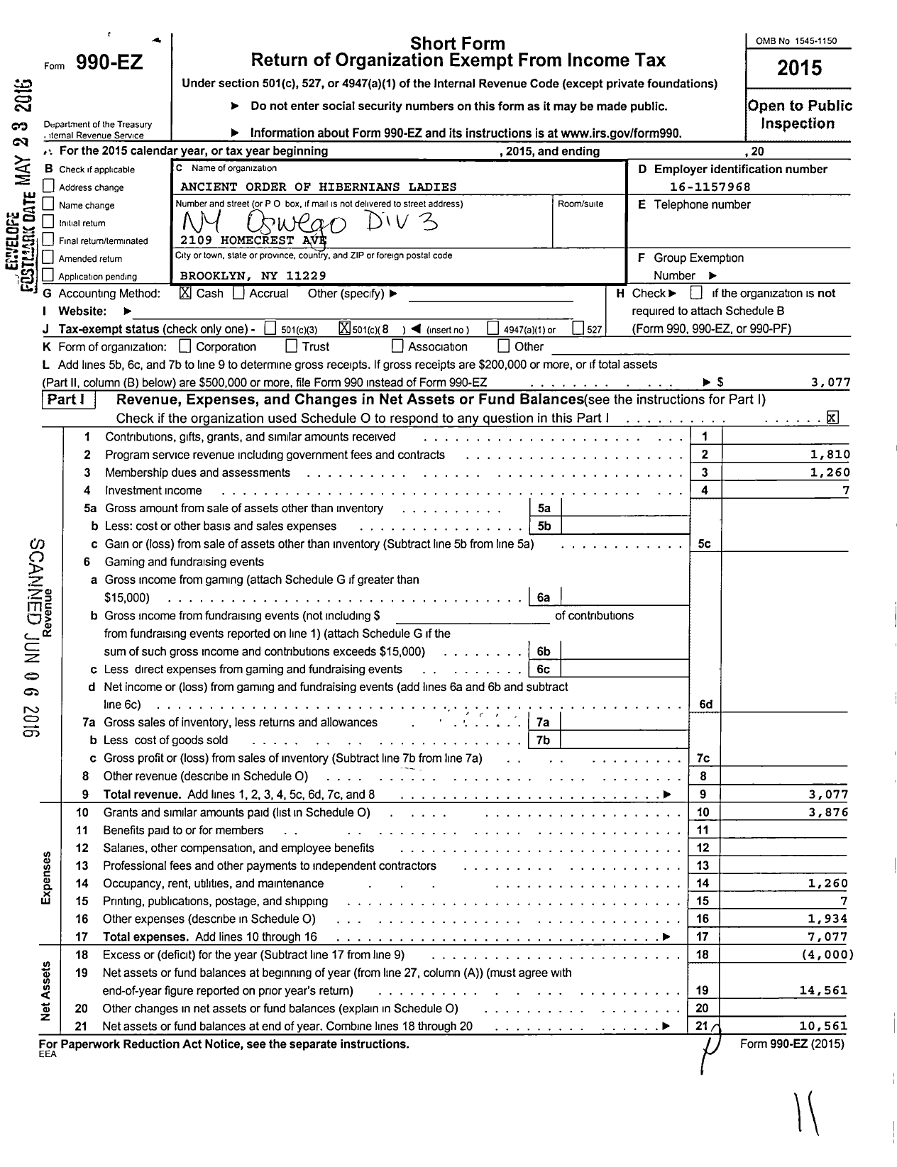 Image of first page of 2015 Form 990EO for Ancient Order of Hibernians Ladies / 3 Div Oswego Ny