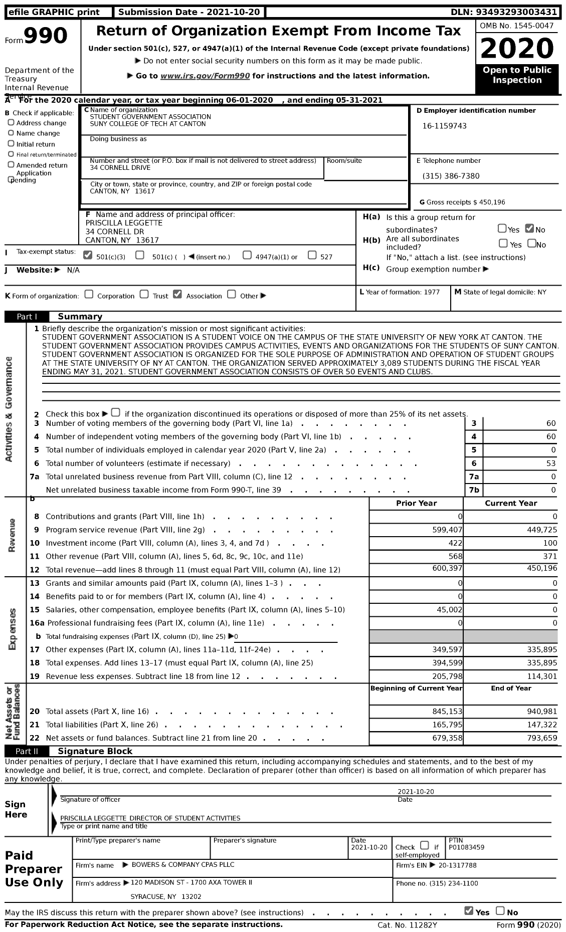Image of first page of 2020 Form 990 for Student Government Association Suny College of Tech at Canton