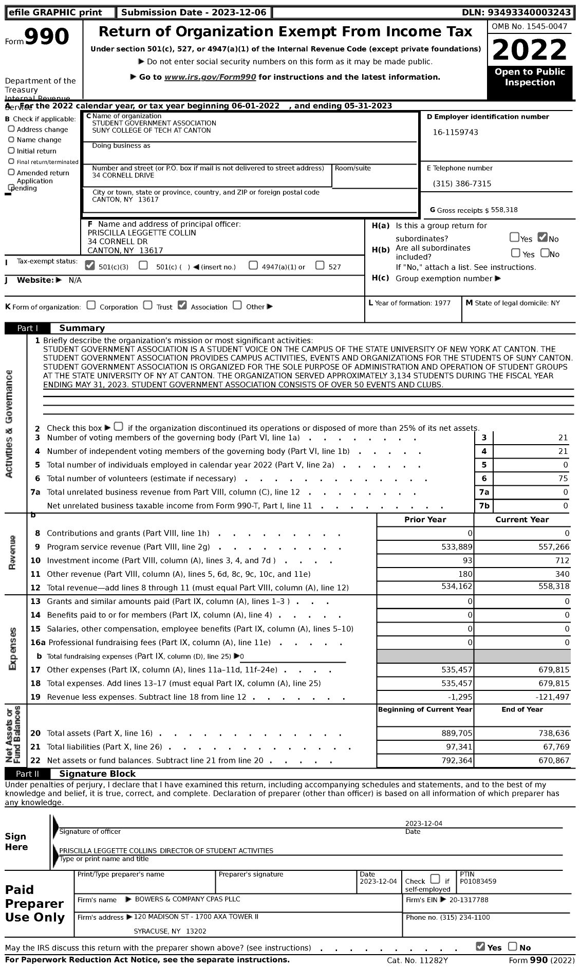 Image of first page of 2022 Form 990 for Student Government Association Suny College of Tech at Canton