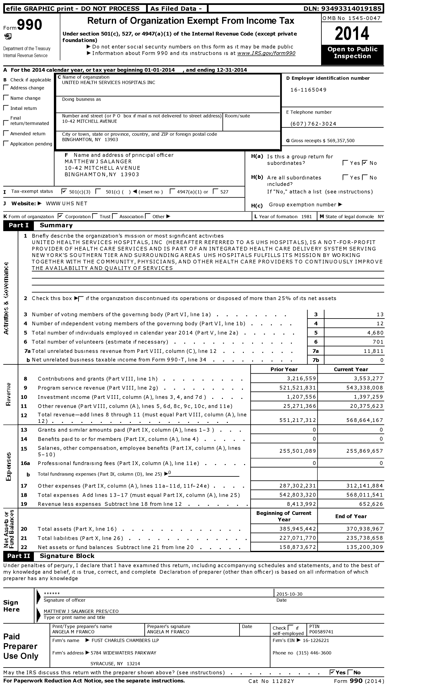 Image of first page of 2014 Form 990 for United Health Services Hospitals (UHS)