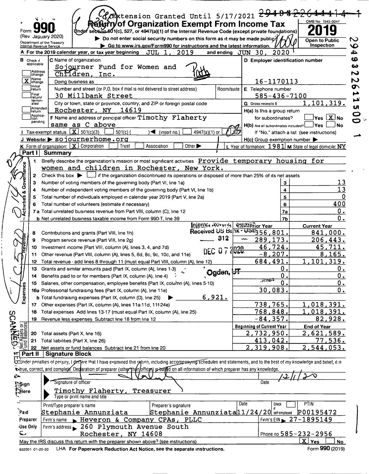 Image of first page of 2019 Form 990 for Sojourner Fund for Women and Children