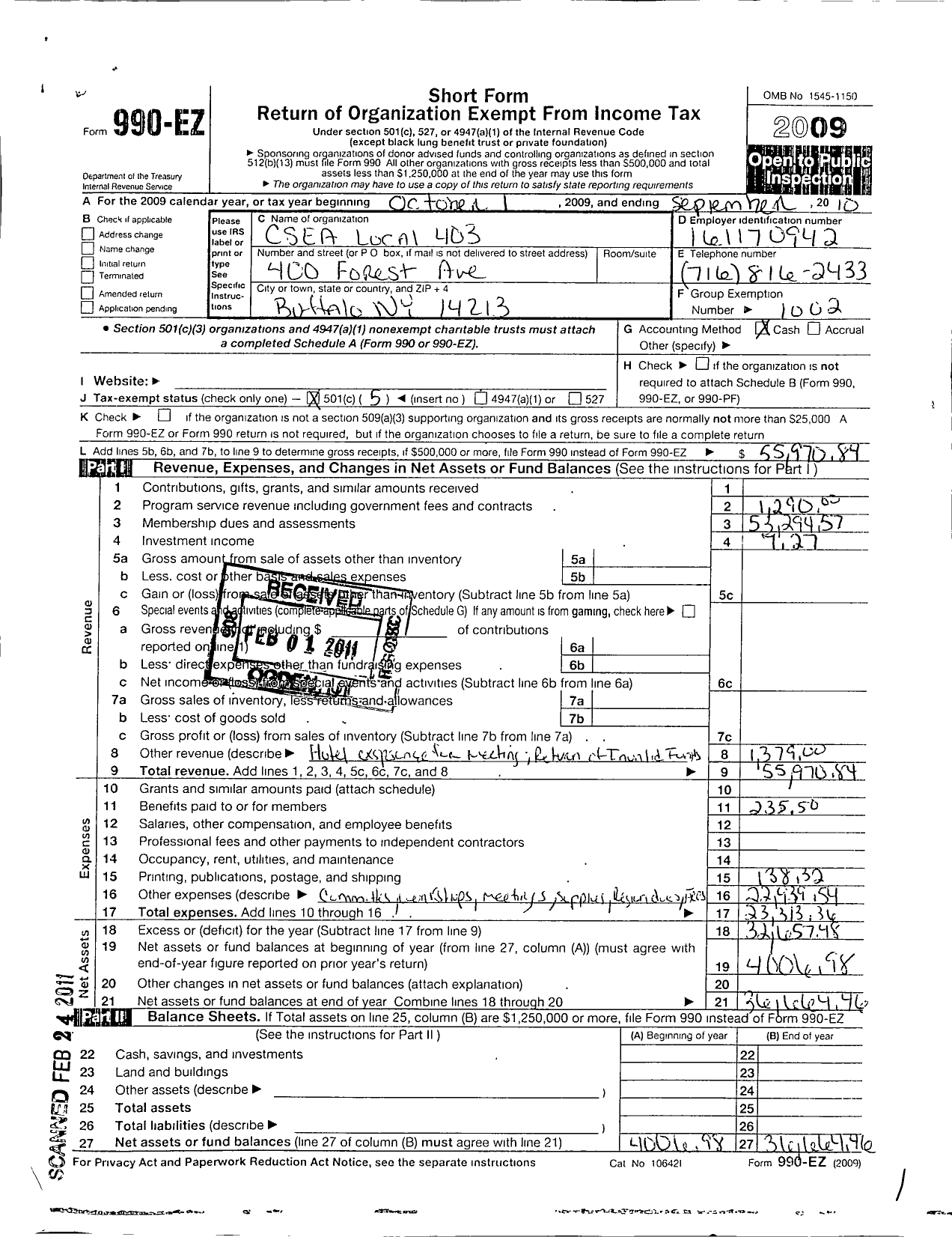 Image of first page of 2009 Form 990EO for Civil Service Employees Association - 0403 Buffalo Psychiatric Center