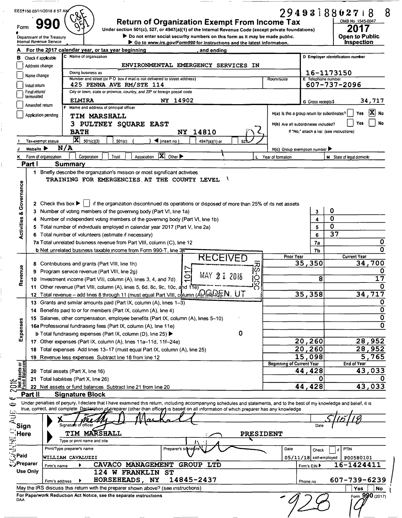 Image of first page of 2017 Form 990 for Environmental Emergency Services in