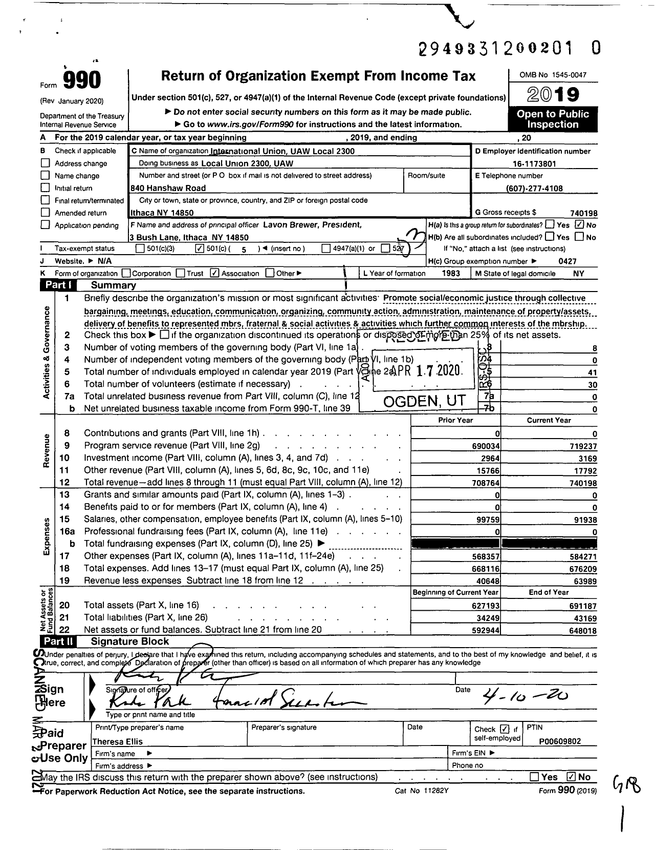 Image of first page of 2019 Form 990 for UAW - Local Union 2300 UAW