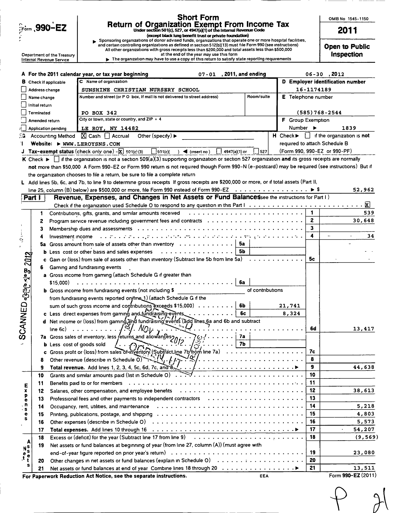 Image of first page of 2011 Form 990EZ for Sunshine Christian Nursery School