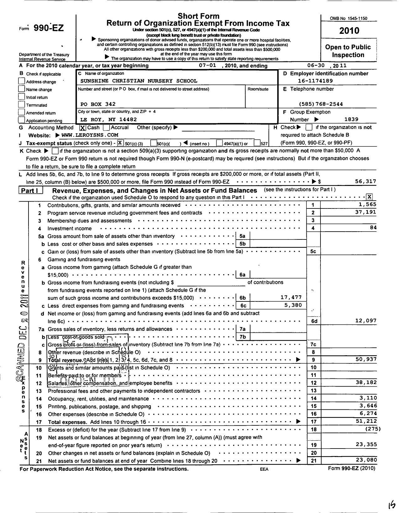 Image of first page of 2010 Form 990EZ for Sunshine Christian Nursery School