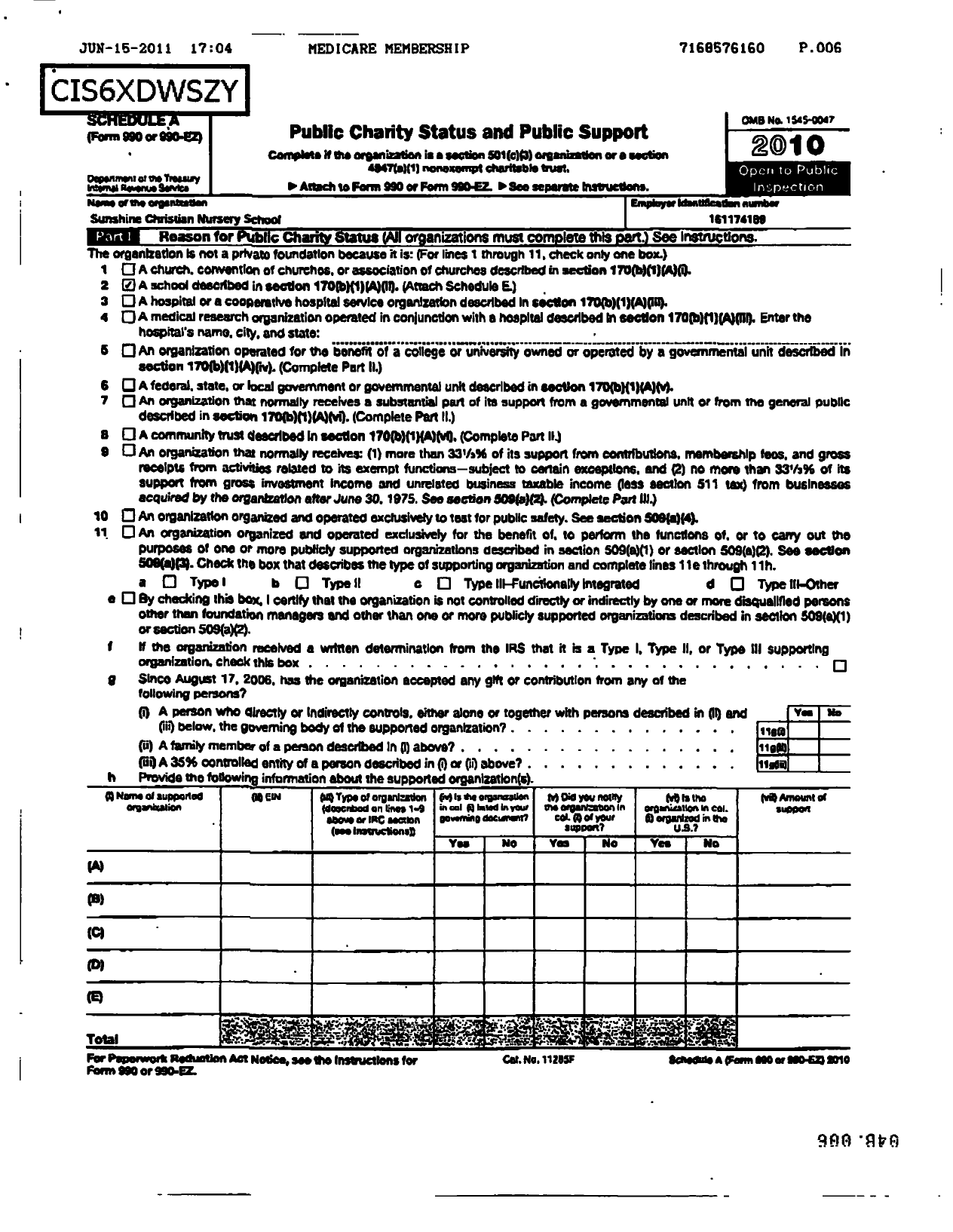 Image of first page of 2009 Form 990ER for Sunshine Christian Nursery School