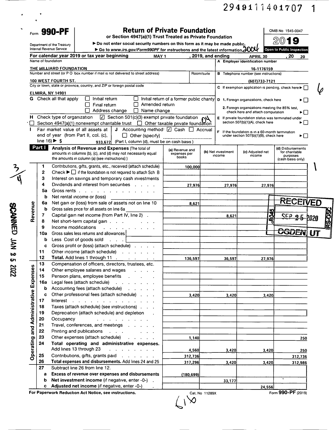 Image of first page of 2019 Form 990PF for The Hilliard Foundation