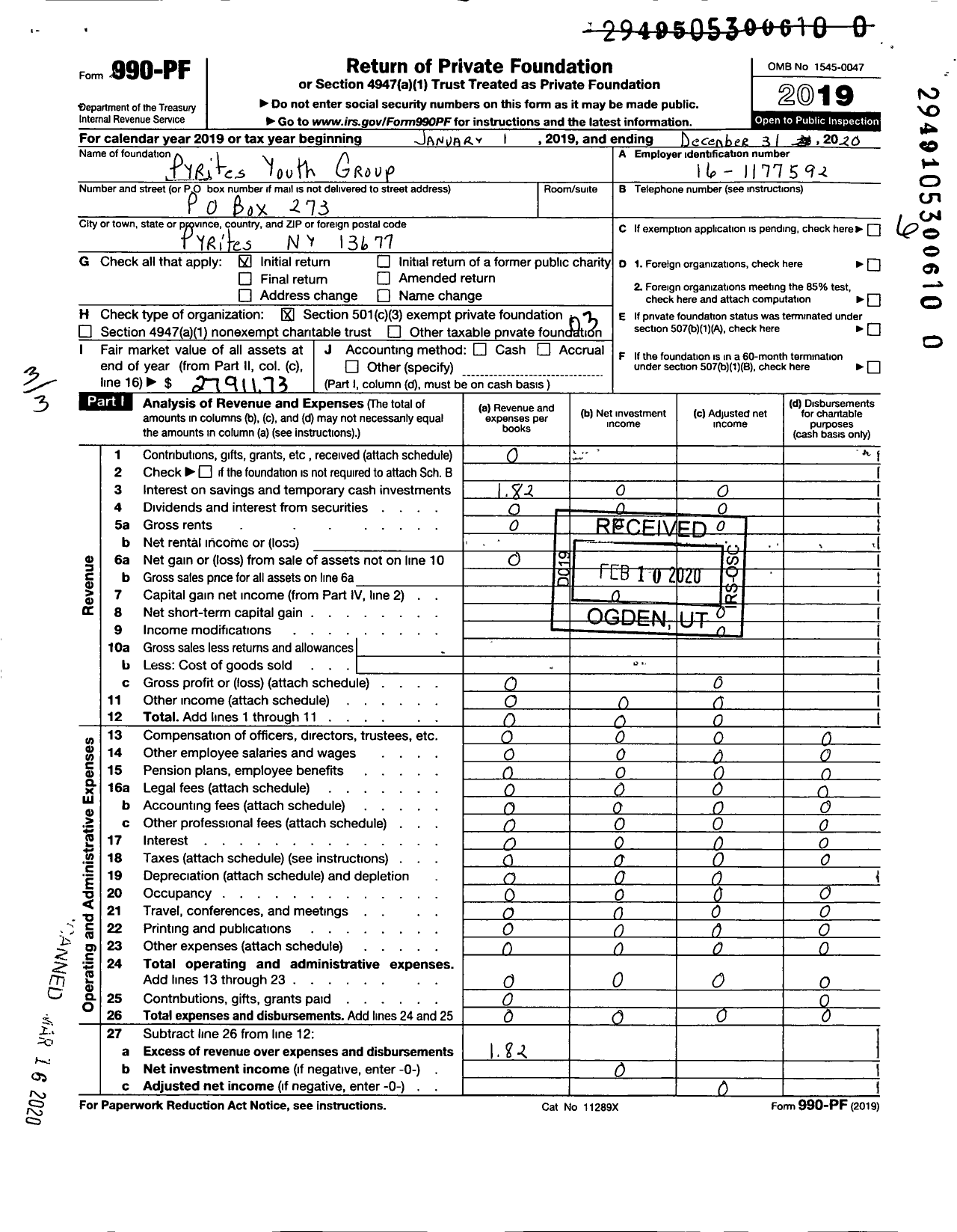 Image of first page of 2019 Form 990PR for Pyrites Youth Group