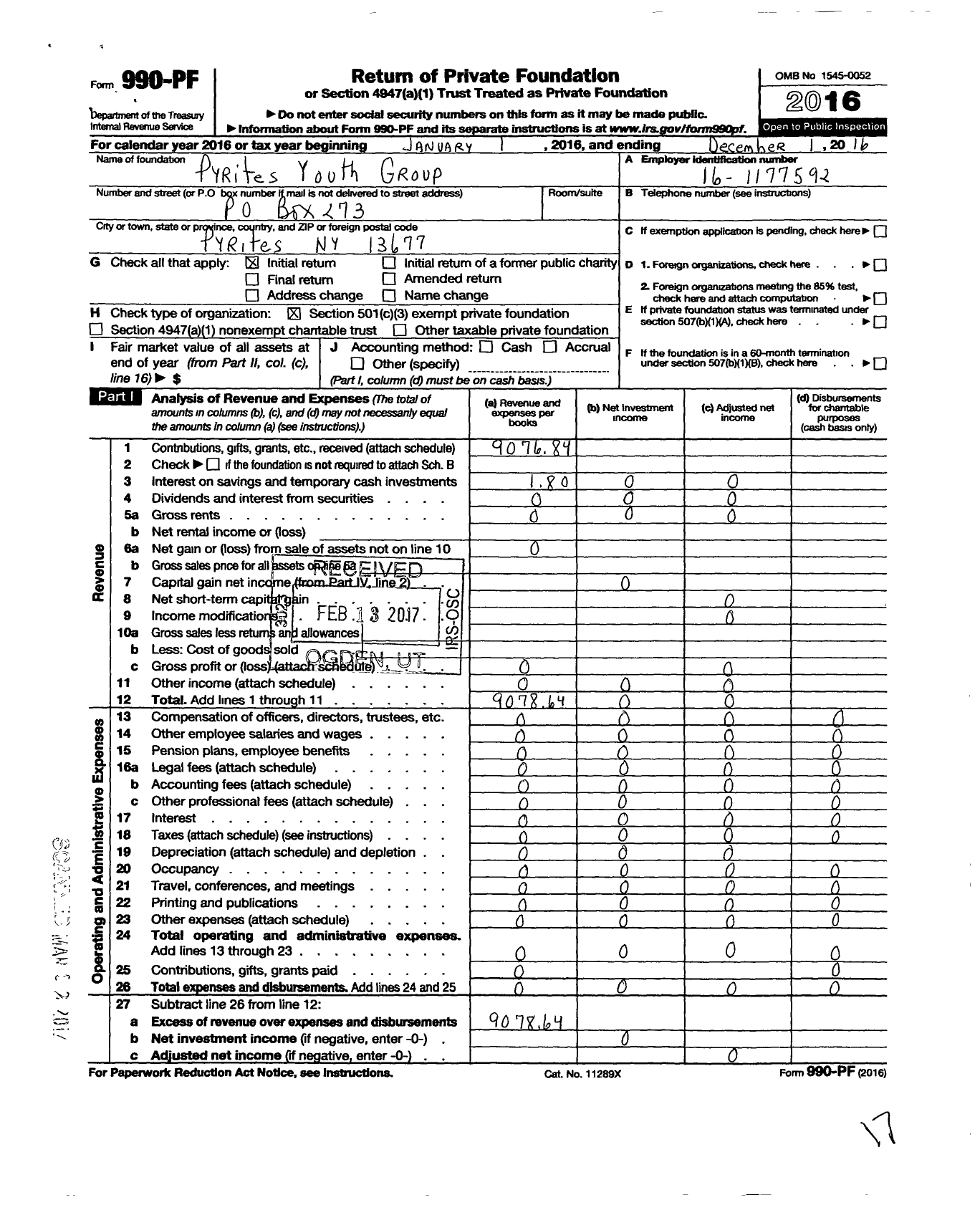 Image of first page of 2016 Form 990PF for Pyrites Youth Group