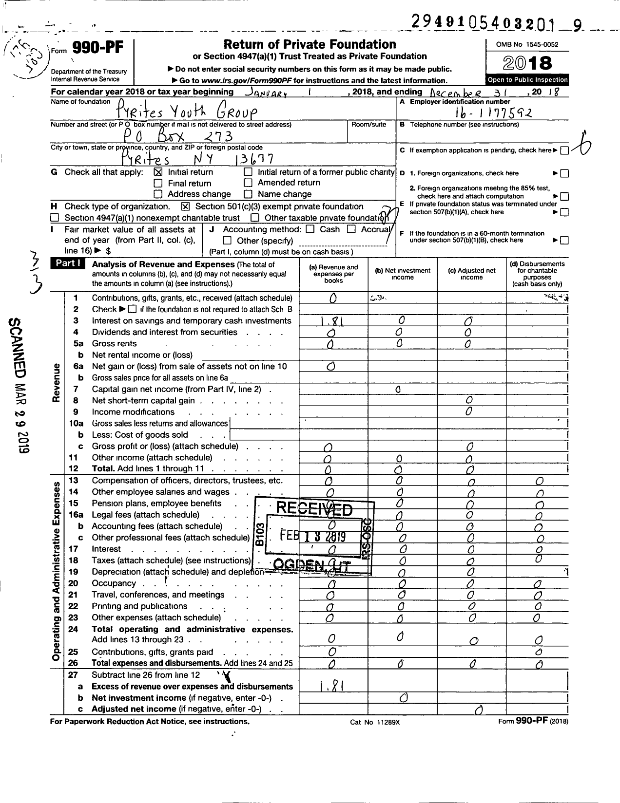 Image of first page of 2018 Form 990PF for Pyrites Youth Group