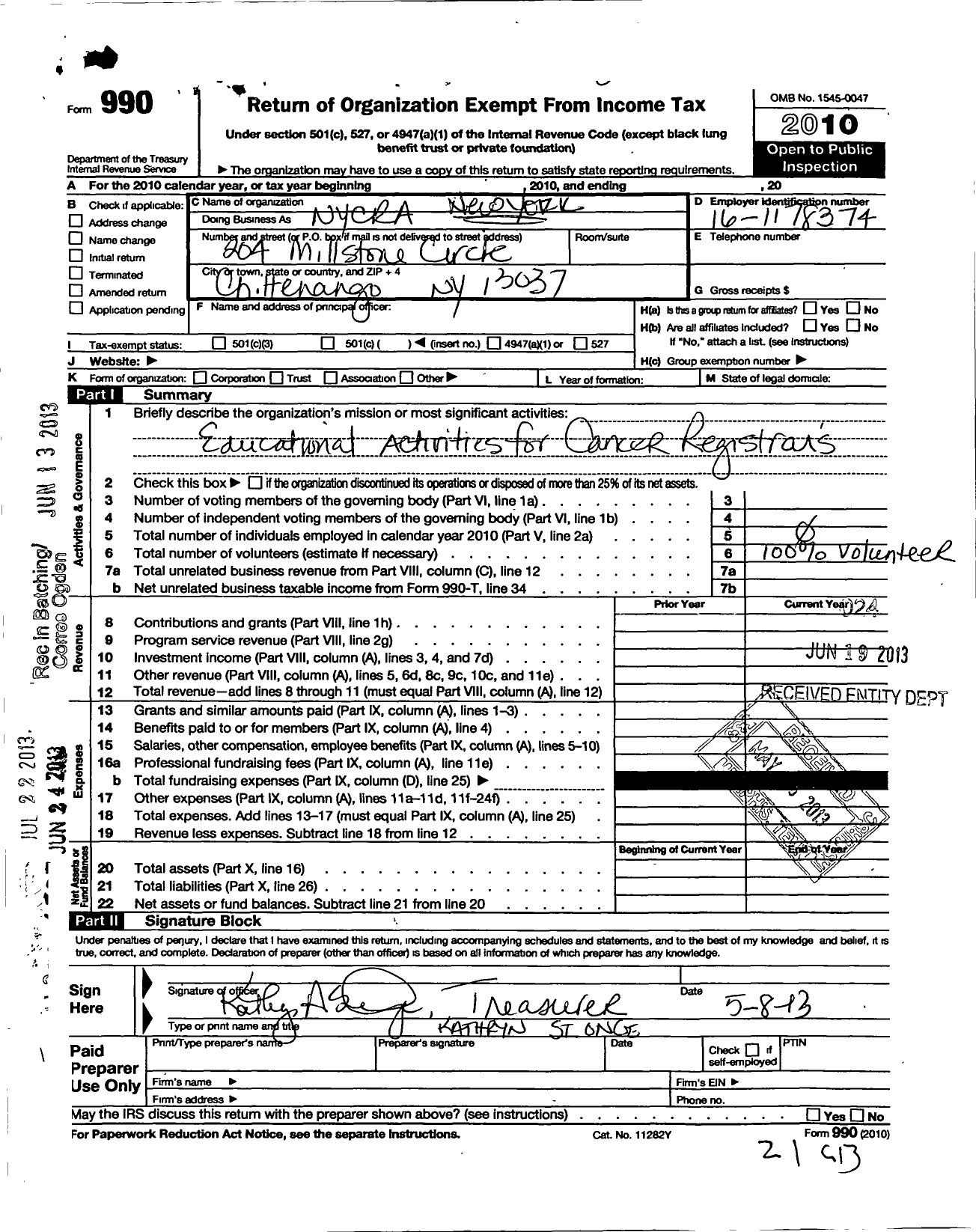 Image of first page of 2010 Form 990O for New York Cancer Registrars Association