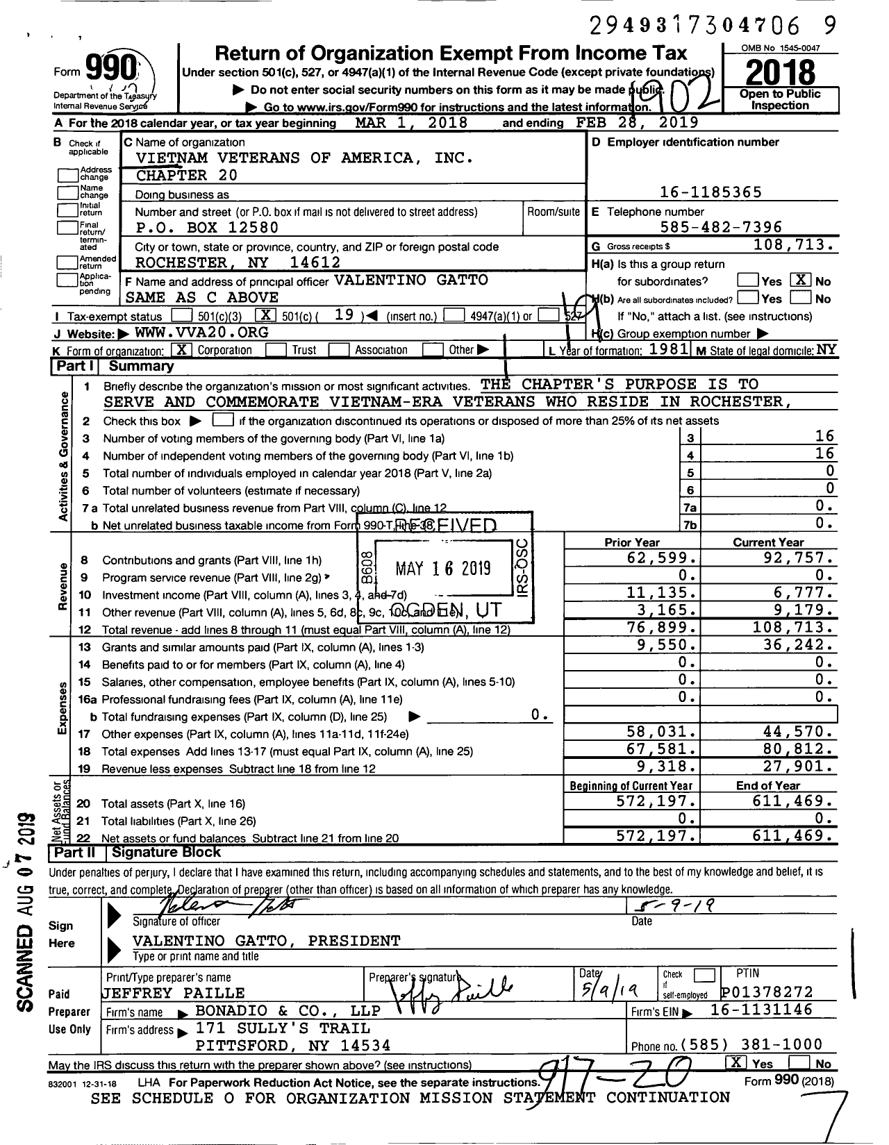 Image of first page of 2018 Form 990O for Vietnam Veterans of America - 20 Chapter