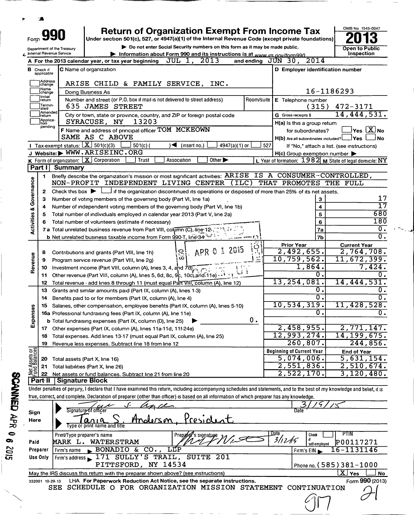 Image of first page of 2013 Form 990 for Arise Child and Family Service