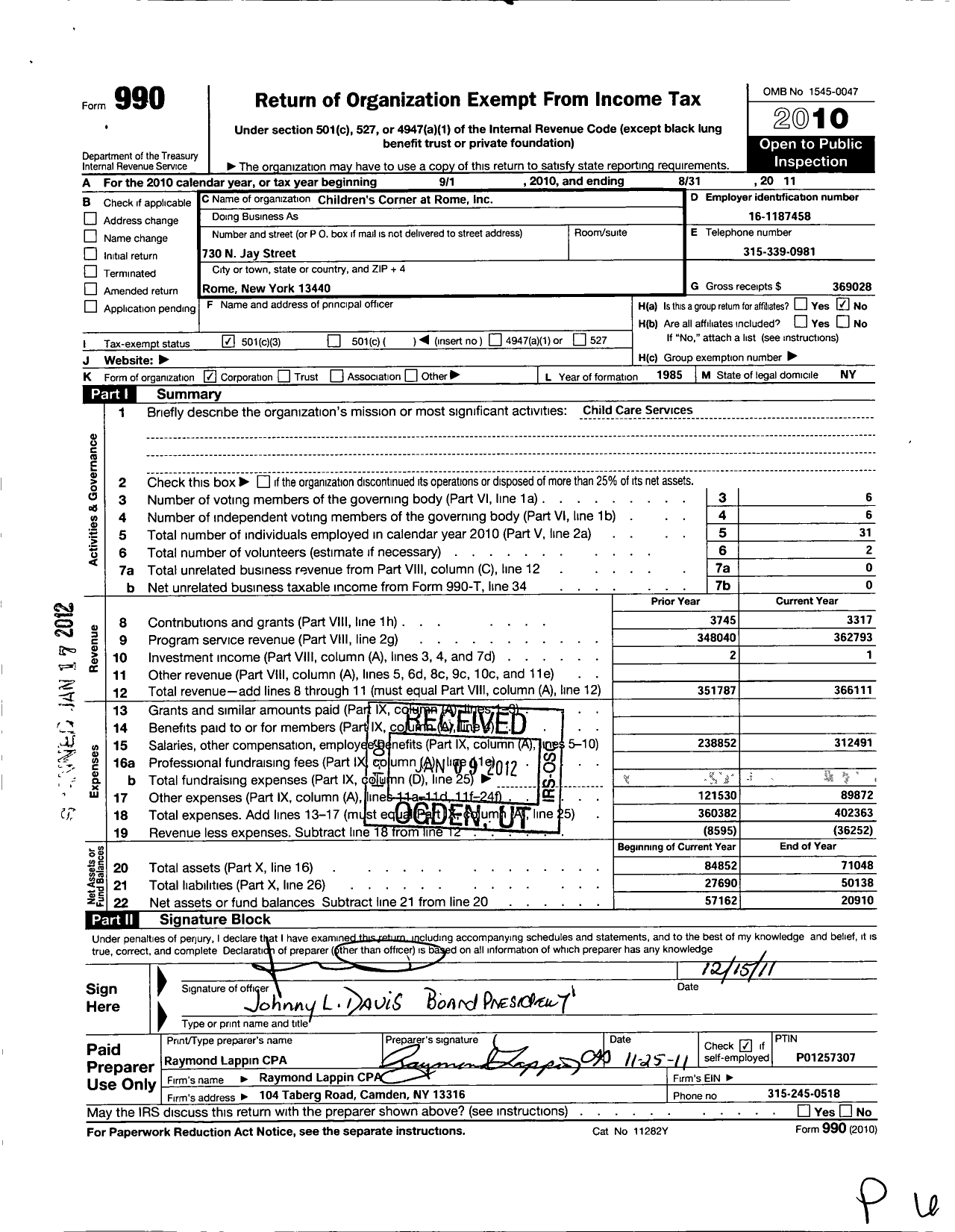 Image of first page of 2010 Form 990 for The Childrens Corner at Rome